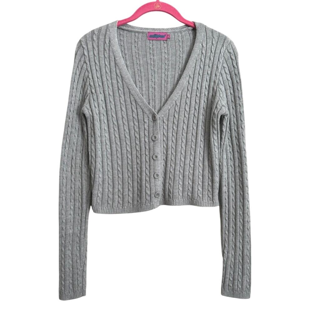 Edikted Cable Knit V-Neck Button Front Cardigan Sweater Size Medium 6 Gray